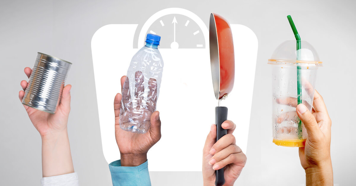 people holding up common sources of obesogens like plastic bottles and teflon pans
